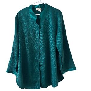 Vintage Inner Most Teal Jacquard Floral Button Front Blouse Top Long Sleeve L